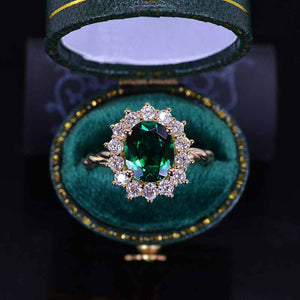 3 CT Oval Halo Emerald Vintage Wedding Ring. 14K Solid Gold Engagement Ring Anniversary Ring, Baguette Double Halo Ring