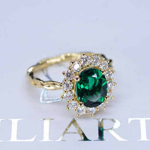 3 CT Oval Halo Emerald Vintage Wedding Ring. 14K Solid Gold Engagement Ring Anniversary Ring, Baguette Double Halo Ring