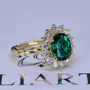 3 CT Oval Halo Emerald Vintage Wedding Ring. 14K Solid Gold Engagement Ring Anniversary Ring, Baguette Double Halo Ring