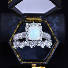 Load image into Gallery viewer, 3Ct White Opal Engagement Ring Halo Emerald Cut Opal Engagement Ring, 9x7mm Step Cut White Opal Engagement Ring with Eternity Band
