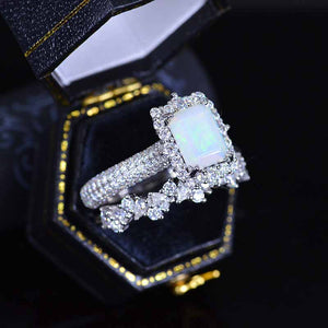 3Ct White Opal Engagement Ring Halo Emerald Cut Opal Engagement Ring, 9x7mm Step Cut White Opal Engagement Ring with Eternity Band