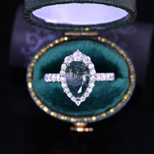 Load image into Gallery viewer, 14K Solid White Gold 3 Carat Genuine Moss Agate Pear Cut Halo Moss Agate Ring
