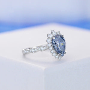 14K White Gold 1.5 Carat Pear Blue  Moissanite Halo Engagement Ring