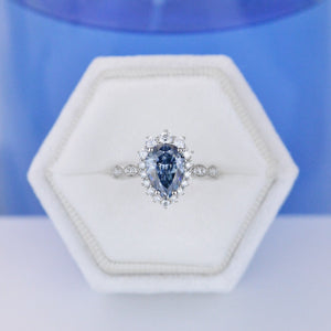 14K White Gold 1.5 Carat Pear Blue  Moissanite Halo Engagement Ring