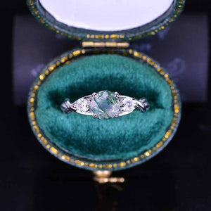 1.5 Carat Three Stone Genuine Moss Agate Engagement  Ring
