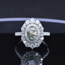 Load image into Gallery viewer, 14K White Gold 3.2 CTW Oval Genuine Moss Agate Double  Halo Engagement Ring
