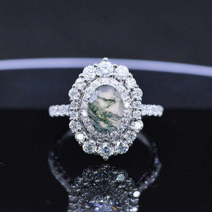 14K White Gold 3.2 CTW Oval Genuine Moss Agate Double  Halo Engagement Ring