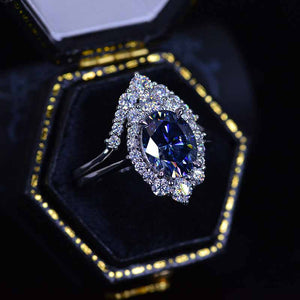 14K White Gold 2 Carat Oval Dark Gray Blue Moissanite Halo Engagement Ring Set