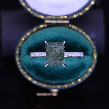 Load image into Gallery viewer, 3 Carat Genuine Moss Agate Step Cut Genuine Moss Agate Hidden Halo Engagement 14K White Gold Ring
