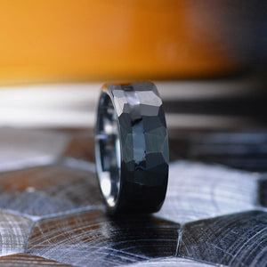 Black Hammered Brushed Tungsten Carbide Ring with Black Enamel Strip