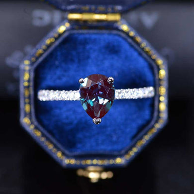 3Ct Pear Alexandrite Hidden Halo Engagement Gold Ring, 11x7mm Pear Cut Alexandrite Engagement Ring, Micro pave Accents Stones