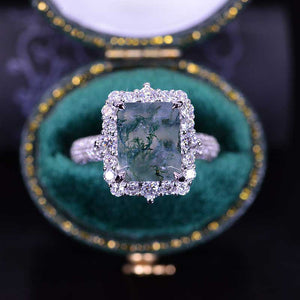4Ct Natural Moss Agate Engagement Ring Halo Emerald Step Cut Engagement Ring