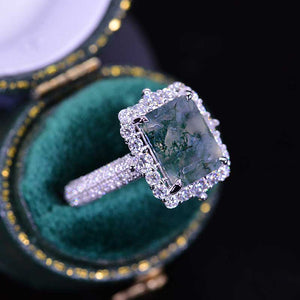 4Ct Natural Moss Agate Engagement Ring Halo Emerald Step Cut Engagement Ring