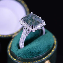 Load image into Gallery viewer, 4Ct Natural Moss Agate Engagement Ring Halo Emerald Step Cut Engagement Ring
