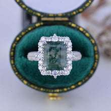 Load image into Gallery viewer, 4Ct Natural Moss Agate Engagement Ring Halo Emerald Step Cut Engagement Ring
