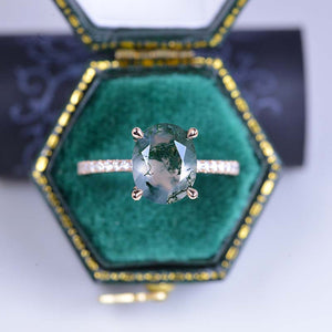 3 Carat Oval Genuine Moss Agate Hidden Halo Engagement Ring