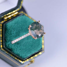 Load image into Gallery viewer, 3 Carat Oval Genuine Moss Agate Hidden Halo Engagement Ring
