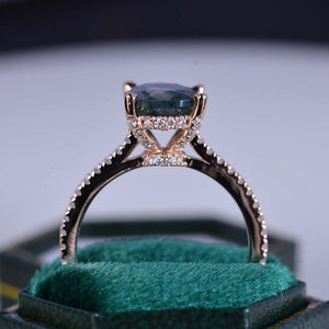 3 Carat Oval Genuine Moss Agate Hidden Halo Engagement Ring