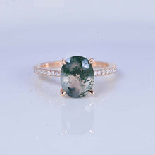 Load image into Gallery viewer, 3 Carat Oval Genuine Moss Agate Hidden Halo Engagement Ring
