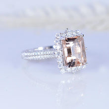 Load image into Gallery viewer, 4Ct Genuine Peach Morganite Engagement Ring Halo Emerald Cut Moissanite Engagement Ring, 10x8mm Radiant Cut Moissanite Engagement Ring with Eternity Band
