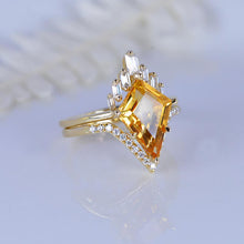 Load image into Gallery viewer, 14K Gold 4 Carat Kite Citrine Halo Engagement Ring, Eternity Ring Set
