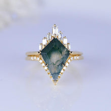 Load image into Gallery viewer, 14K Gold 4 Carat Kite Genuine Moss Agate Halo Engagement Ring, Eternity Ring Set
