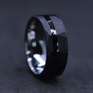Black Hammered Brushed Tungsten Carbide Ring with Black Enamel Strip