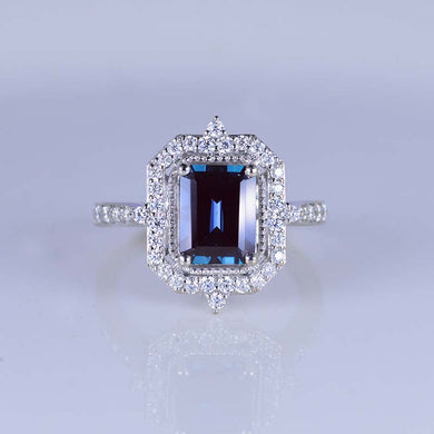 3Ct Emerald Cut Halo Alexandrite Ring, Alexandrite Ring, Alexandrite Emerald Cut Vintage Style Ring