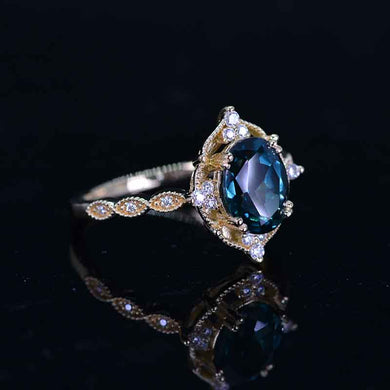 2 Carat Oval Teal sapphire Halo Vintage Yellow Gold Engagement Ring