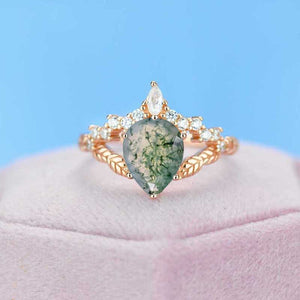 2 Carat Pear Genuine Moss Agate Floral Gold Ring