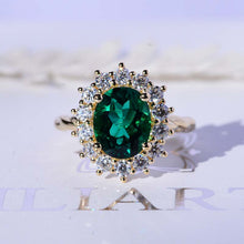 Load image into Gallery viewer, 3 CT Oval Halo Emerald Vintage Wedding Ring. 14K Solid Gold Engagement Ring Anniversary Ring, Baguette Double Halo Ring
