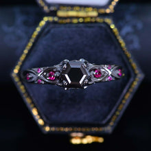 Load image into Gallery viewer, 14K Black Gold Hexagon Black Moissanite Celtic Engagement Ring
