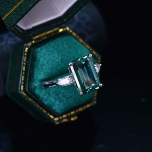 4 Carat Giliarto Elongated Emerald Cut Green Moissanite Gold Engagement Ring