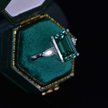 Load image into Gallery viewer, 4 Carat Giliarto Elongated Emerald Cut Green Moissanite Gold Engagement Ring
