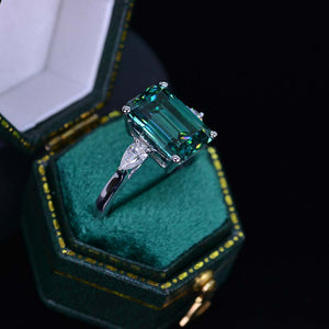 4 Carat Giliarto Elongated Emerald Cut Green Moissanite Gold Engagement Ring