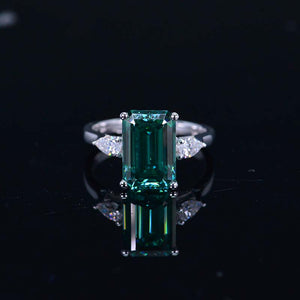 4 Carat Giliarto Elongated Emerald Cut Green Moissanite Gold Engagement Ring