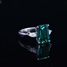 Load image into Gallery viewer, 4 Carat Giliarto Elongated Emerald Cut Green Moissanite Gold Engagement Ring
