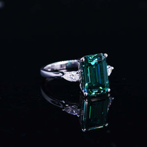 4 Carat Giliarto Elongated Emerald Cut Green Moissanite Gold Engagement Ring