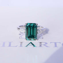 Load image into Gallery viewer, 4 Carat Giliarto Elongated Emerald Cut Green Moissanite Gold Engagement Ring
