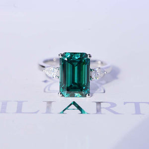 4 Carat Giliarto Elongated Emerald Cut Green Moissanite Gold Engagement Ring