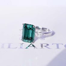 Load image into Gallery viewer, 4 Carat Giliarto Elongated Emerald Cut Green Moissanite Gold Engagement Ring
