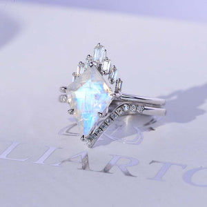 14K Gold 5 Carat Kite Moonstone Halo Engagement Ring, Eternity Ring Set