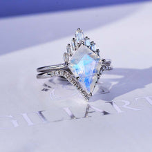 Load image into Gallery viewer, 14K Gold 5 Carat Kite Moonstone Halo Engagement Ring, Eternity Ring Set
