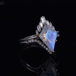 14K Gold 5 Carat Kite Moonstone Halo Engagement Ring, Eternity Ring Set