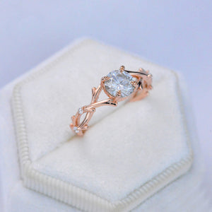 2 Carat Gray  Moissanite Leaf Engagement Ring. White Gold Floral Twig Ring