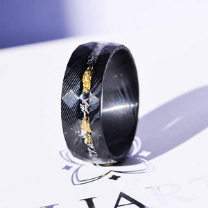 Damascus Steel Ring  with Gold And Silver Foils and Chips Inlay.