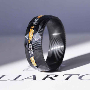 Damascus Steel Ring  with Gold And Silver Foils and Chips Inlay.