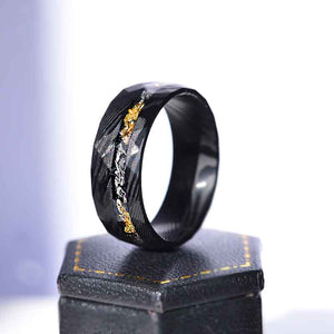 Damascus Steel Ring  with Gold And Silver Foils and Chips Inlay.