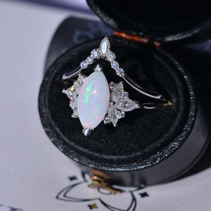 2 Carat Marquise White Opal 14K Solid Gold Ring Set 12x6mm Marquise Genuine Natural White Opal Vintage Wedding Ring. Fairy Tail Engagement Ring Anniversary Ring, Marquise Side Stones Ring Set