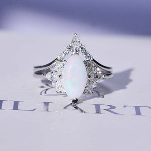 2 Carat Marquise White Opal 14K Solid Gold Ring Set 12x6mm Marquise Genuine Natural White Opal Vintage Wedding Ring. Fairy Tail Engagement Ring Anniversary Ring, Marquise Side Stones Ring Set